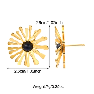 Boucles d'oreilles rose en acier inoxydable doré avec pierre noire et 2,6 cm de diamètre