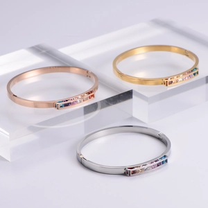 Minimalist high-polished stainless steel bracelet set with rainbow zircon inlays