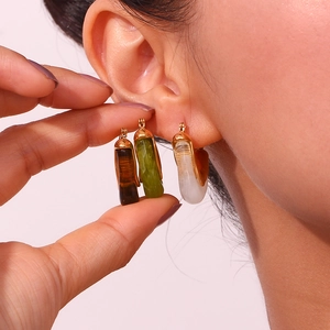 French vintage earrings with triangular acrylic charms in brown, green, and white colors