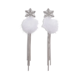 Silver snowflake earrings with rhinestones, white fur pompons and tassel drops