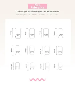 Guide des tailles montrant 12 dimensions de faux ongles carrés roses pour femmes