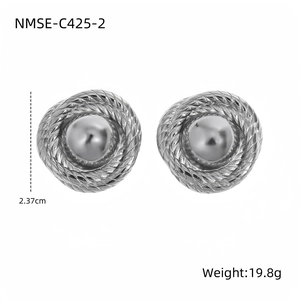 Detail view of 23mm silver textured hoop earrings with dimensions and 19.8g weight specs