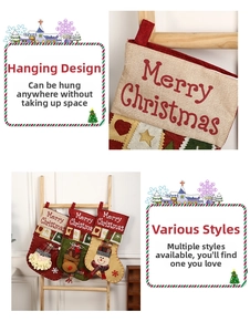 Detail of Christmas stocking hangers with Santa, Elk, and Snowman cartoon appliques