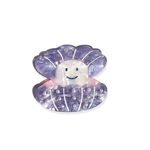 Purple shell hair claw clip with smiling face and pearls made of acetate resin