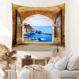 Détail d'une tapisserie de paysage méditerranéen avec impression 3D vue sur mer de chambre