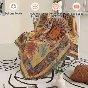 Bohemian Woven Throw Blanket Cotton Retro Sun Moon Zodiac Pattern Decorative Sofa Cover With Tassels For Outdoor Camping