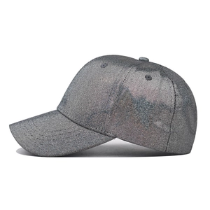 Shiny metallic silver PU baseball cap with gradient sequin texture for outdoor activities