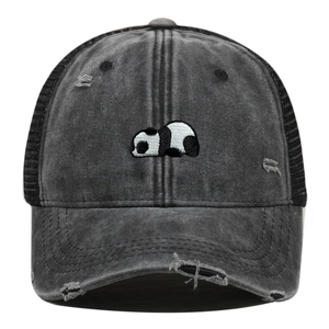 Washed Cotton Baseball Cap Panda Embroidery Mesh Trucker Hat Distressed Retro Outdoor Sunshade Adjustable Vintage Style