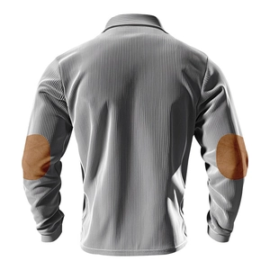 Detailed back view of grey corduroy polo shirt with brown elbow patches