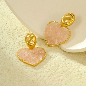 18K gold plated stainless steel heart earrings with pink natural stone inlay for women