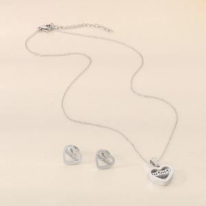 Silver hollow heart necklace and earrings jewelry set with mama engraving for women