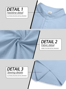 Detail view of light blue linen shirt showing collar design, fabric texture and hem stitching