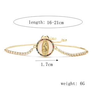 Detail of adjustable gold bracelet with Virgin Mary charm, size 17mm and 16-21cm length