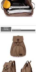Detail view of large internal capacity for 15-inch laptop and books in canvas backpack