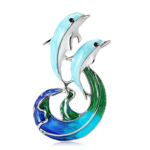 Exquisite light blue enamel dolphin brooch with ocean wave design for suits and coats