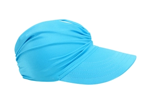 Close-up of sky blue sun hat showing flexible knit fabric and wide brim stitching details