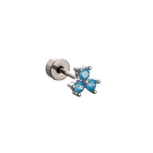 Titanium steel stud earring with three blue round zircons and flat back screw