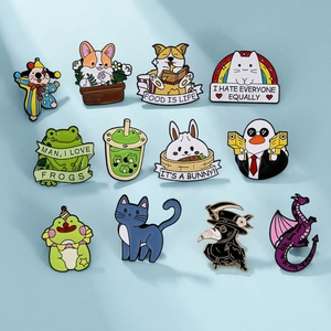 Detailed view of colorful enamel animal brooches set including Corgi and funny quotes