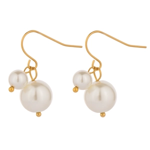 French vintage gold earrings with double white pearls and elegant minimalist style