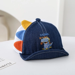 Close-up of baby denim mesh cap featuring dinosaur embroidery and colorful side fins