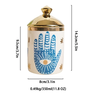 Detailed size specifications for ceramic Hamsa Hand jar with gold lid and dimensions