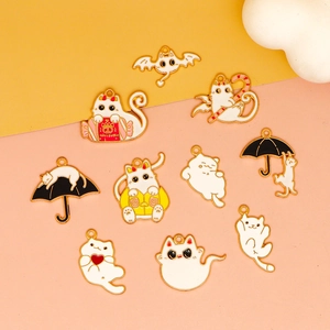 Halloween white cat metal alloy charms with gold plating and devil ghost motifs