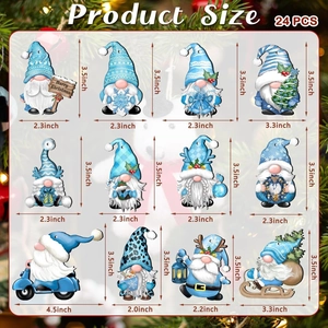 Detailed size chart for 24pcs blue Christmas gnome ornaments with various measurements