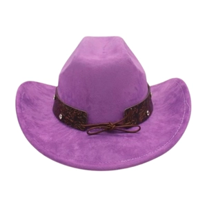 Detail of purple faux suede cowboy hat with vintage print band and silver stud accents