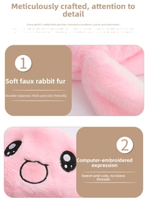 Detail of soft pink faux rabbit fur with double-thick layer and fine embroidered face