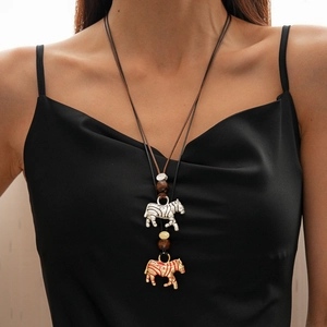 Retro Zebra Pendant Necklace Alloy Metal Ethnic Style Long Adjustable Leather Cord Woven Rope Wood Beads Sweater Chain For Women
