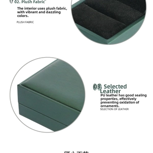 Detail of dark green PU leather jewelry box with anti-oxidation seal and plush lining