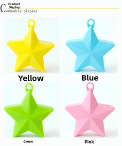Star-shaped balloon weights in yellow, blue, green, and pink with hanging holes