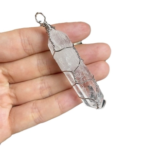 Natural white clear quartz crystal hex pillar pendant with silver wire wrap finish