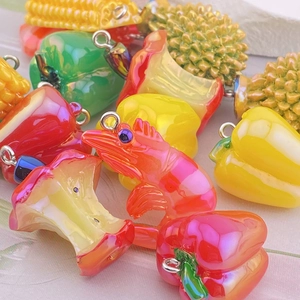 DIY food charms featuring corn, shrimp, and durian with metal rings for jewelry making