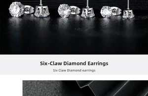 Macro shot of six-claw titanium steel earrings with round cubic zirconia in various sizes