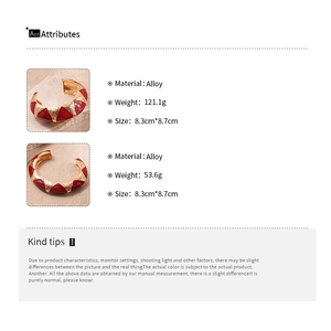 Detail showing red and gold enamel alloy bracelet specifications and dimensions