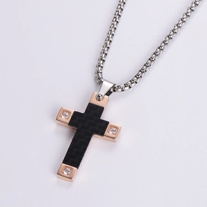 Cross pendant necklace with black carbon fiber inlay and small crystals on box chain