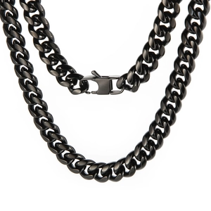 Men's black stainless steel Cuban link necklace with classic square clasp on white background