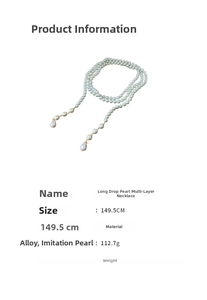 Detail view of multi-layer pearl necklace showing 149.5cm length and 112.7g weight