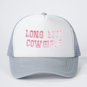Pink LONG LIVE COWGIRLS embroidered trucker hat with breathable light grey mesh back