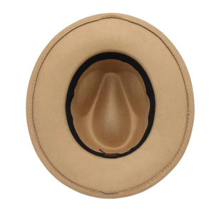 Close-up of the fedora hat interior showing the sweatband and premium wool texture