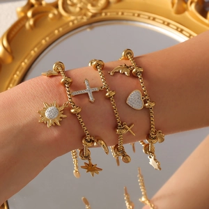 Chic 18k gold plated stainless steel multi-layered bracelet with sparkling zircon charms