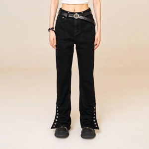 Women High Waisted Flare Jeans Side Button Slit Hem Slim Fit High Stretch Cotton Denim Pants Retro Fashion Black