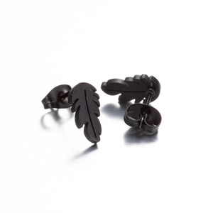 Matte black stainless steel feather leaf stud earrings for women in minimalist style