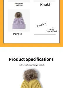 Close-up of winter knit beanie hats with large faux fur pom-poms in various colors