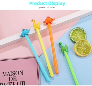 Close-up of cute 3D dinosaur cartoon gel pens in blue, yellow, orange and green colors
