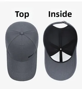 Detail view of grey cotton sport cap showing the top structure and inner lining texture