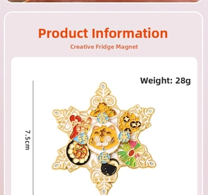Detailed view of rotating Harbin souvenir magnet with cartoon tiger and food icons