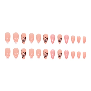 Pink almond fake nails with white french tips, glitter stars and black butterfly designs