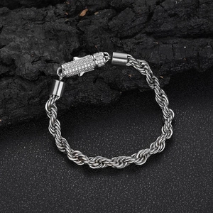 Men's 6mm silver twist chain bracelet with a sparkling crystal encrusted cylindrical clasp